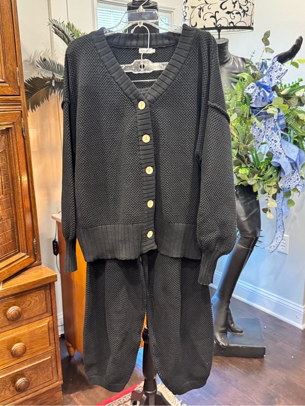 Black Knit Button-Front Women's Sweater Cardigan and matching pants set